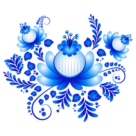 Blue floral ornament in Gzhel style on white background. Russian folklore. Vector illustrationのイラスト素材