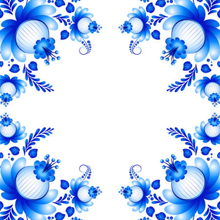 Symmetric blue floral ornament in Gzhel style on white background. Russian folklore. Vector illustrationのイラスト素材