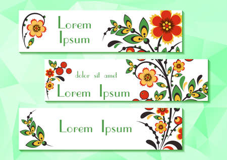 Cute banners in three versions with Khokhloma floral ornament. Wish labels For Women's Day, Mother's Day, Birthday, Anniversary. Vector illustrationのイラスト素材