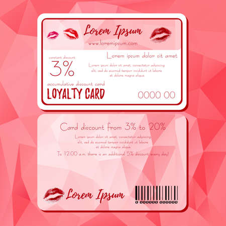 Fashion templates of discount card in polygonal style with red lips logo. Loyalty card for cosmetics store or shop in polygonal style. Vector illustrationのイラスト素材