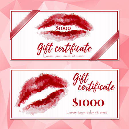 Fashion templates of gift vouchers in two versions with red polygonal lips. Certificates for presents in cosmetics store. Beauty products marketing. Pink polygonal background. Vector illustrationのイラスト素材