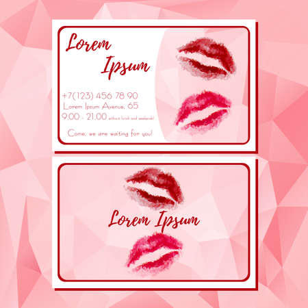 Fashion template of business card with red polygonal lips. Handbill with lips logo and contact information for cosmetics store. Design cutaway, visit card in polygonal style. Vector illustrationのイラスト素材