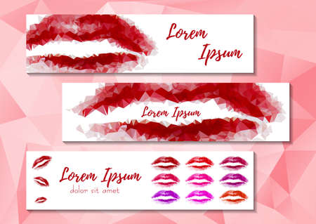 Fashion banners in three versions with red polygonal lips on white. Labels for cosmetics store advertising. Beauty products marketing. Pink polygonal background. Vector illustrationのイラスト素材
