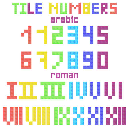 Set of tile arabic and roman numerals from colored mosaic pieces. Colorful block numbers in flat style. Vector illustrationのイラスト素材
