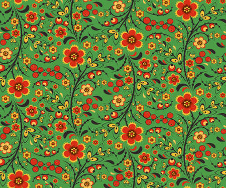 Seamless floral pattern with ornamental flowers in Khokhloma style. Floral design. Traditional russian Hohloma ornament with flowers. Vector illustrationのイラスト素材