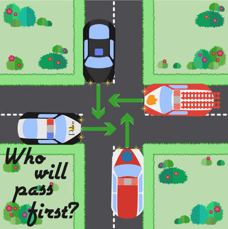 Who will pass first - conceptual cartoon picture on topic of traffic rules. Intersection with cars...