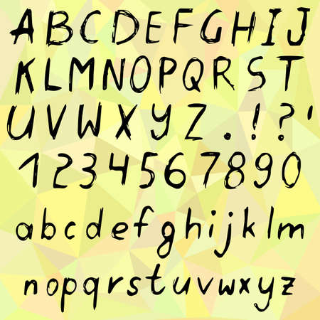 Hand drawn alphabet, written cartoon font with black capital and lowercase letters, also numbers and punctuation. Vector illustrationのイラスト素材