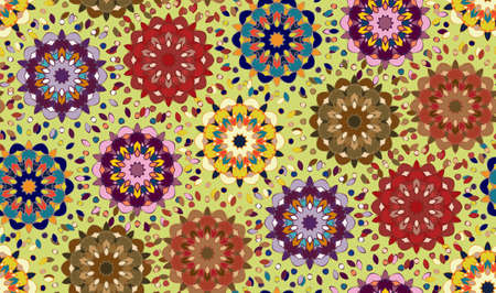 Seamless pattern with abstract mandala ornament in eastern colors on green background. Vector...