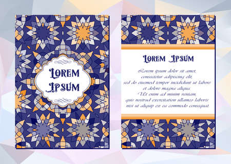 Card with blue and yellow ornament for Women's Day, Mother's Day, Birthday, Anniversary, Wedding. Posters for cosmetics store or shop, beauty salons, yoga studios, massage cabinet. Vector illustrationのイラスト素材