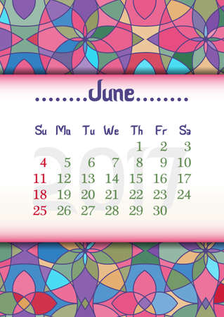 Abstract kaleidoscope background with eastern ornament and dates of summer month June 2017. illustrationのイラスト素材