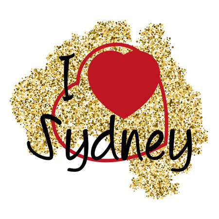Print with lettering I love Sydney and golden glitter scattering in shape of Australia with heart frame on white. Pattern for souvenir fabric textiles, clothing, shirts, t-shirts. illustrationのイラスト素材