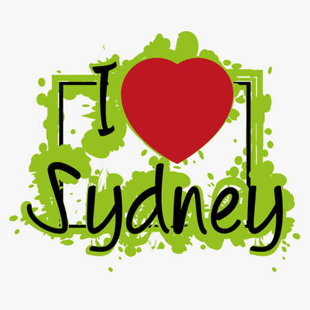 Print with lettering I love Sydney and green paint splashes on grey background. Pattern for fabric textiles, clothing, shirts, t-shirts. illustrationのイラスト素材