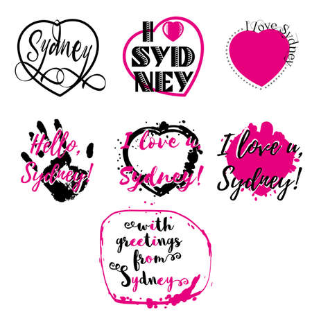Set of labels with lettering I love Sydney and heart paint splashes in black and pink isolated on white. Collection of souvenir prints for fabric textiles, clothing, shirts. illustrationのイラスト素材