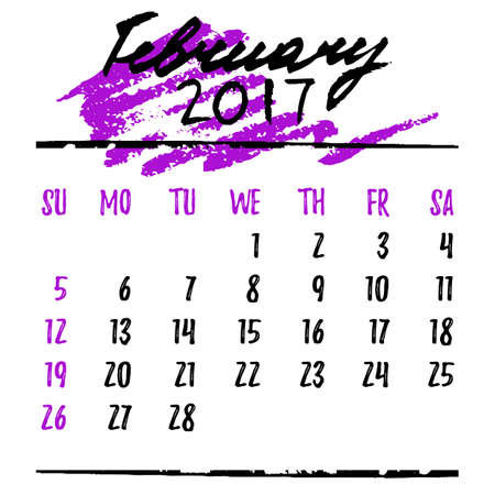Calendar design grid in hand written style with lettering and dates of winter month February 2017. Black on white.のイラスト素材
