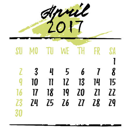 Calendar design grid in hand written style with lettering and dates of spring month April 2017. Black on white.のイラスト素材