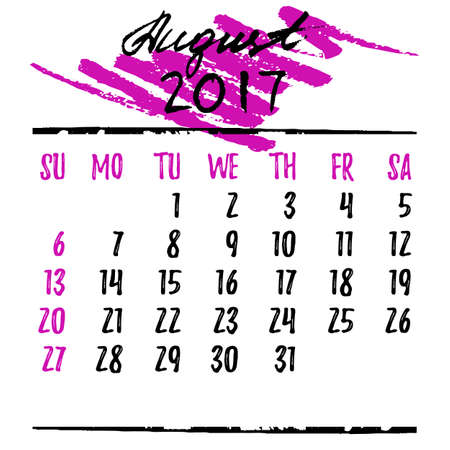 Calendar design grid in hand written style with lettering and dates of summer month August 2017. Black on white.のイラスト素材