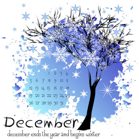 Abstract nature background with winter tree with snowflakes and sample of dates for calendar month December. Calendar design. Shape of tree on blue splashes and blots.のイラスト素材