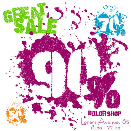 Grunge sale poster with colorful splashes on white. Great sale numbers in spatters with 50, 70 or 90 percent. Vector illustrationのイラスト素材