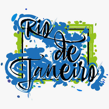 Print with lettering about Rio de Janeiro and green blue paint splashes on grey background. Pattern for fabric textiles, clothing, shirts, t-shirts. Vector illustrationのイラスト素材