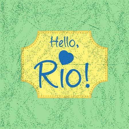Print with lettering about Rio de Janeiro in retro style on background in brazilian flag colors with scattering and fading. Pattern for fabric textiles, clothing, shirts, t-shirts. Vector illustrationのイラスト素材