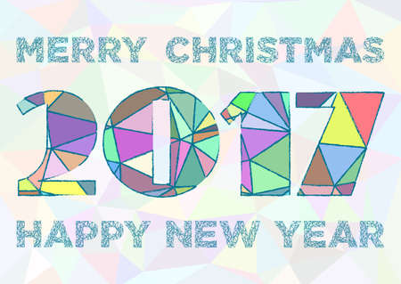 Wishes with Christmas and New Year 2017. Abstract polygonal background with text and 2017 in triangular ornament in blue colors. Vector illustrationのイラスト素材