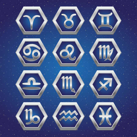 Set of cosmic icons with signs of Zodiac on deep blue starry sky. Symbols of zodiac horoscope. Vector illustrationのイラスト素材