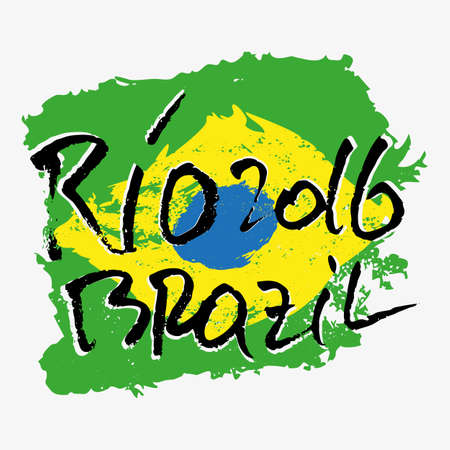 Print with lettering about Rio de Janeiro and green yellow blue paint splashes in shape of brazilian flag on grey backdrop. Pattern for fabric textiles, clothing, shirts, t-shirts. Vector illustrationのイラスト素材