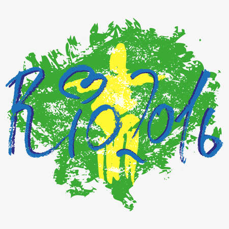 Print with lettering about Rio de Janeiro and green yellow blue paint splashes on grey background. Pattern for fabric textiles, clothing, shirts, t-shirts. Vector illustrationのイラスト素材