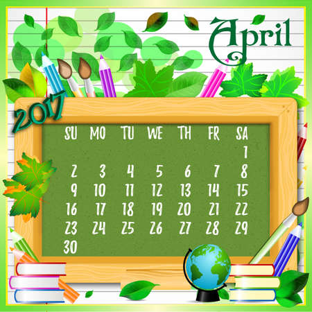 Calendar design grid with green chalkboard and school supplies on page of copybook in line. Back to school background with dates of spring month April 2017. Vector illustrationのイラスト素材