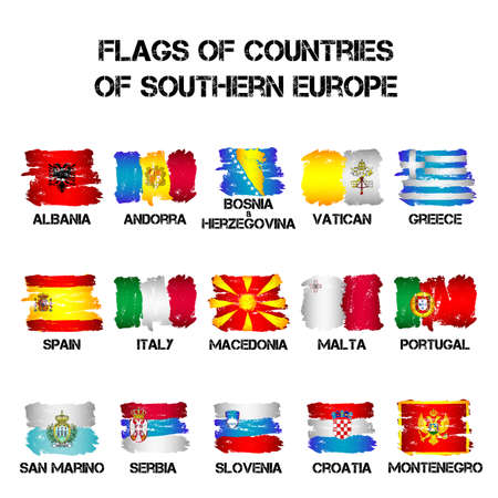 Set of flags of Southern Europe countries from brush strokes in grunge style isolated on white background. Ensigns of 15 Southern Europe member states. Vector illustrationのイラスト素材