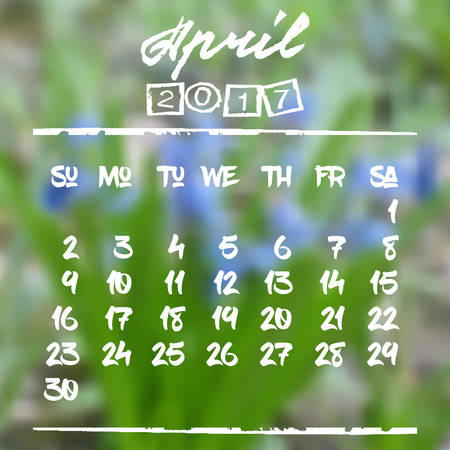 Calendar design grid in hand written style with white lettering and dates of spring month April 2017 on natural blurred background. Blurry blue snowdrops. Vector illustrationのイラスト素材