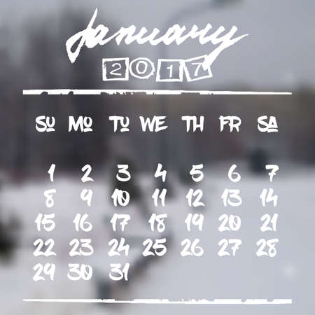 Calendar design grid in hand written style with white lettering and dates of winter month January 2017 on natural blurred background. City park in snow. Vector illustrationのイラスト素材