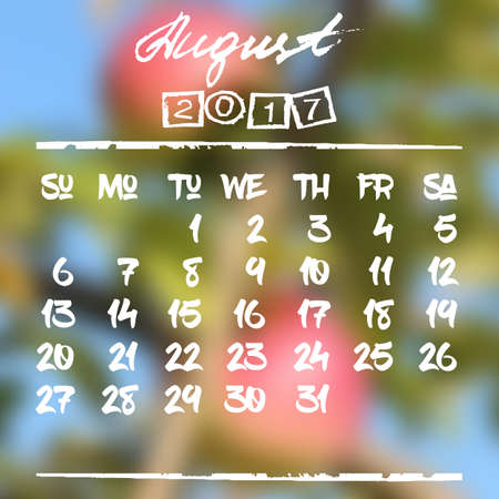 Calendar design grid in hand written style with white lettering and dates of summer month August 2017 on natural blurred background. Blurry red apples. Vector illustrationのイラスト素材
