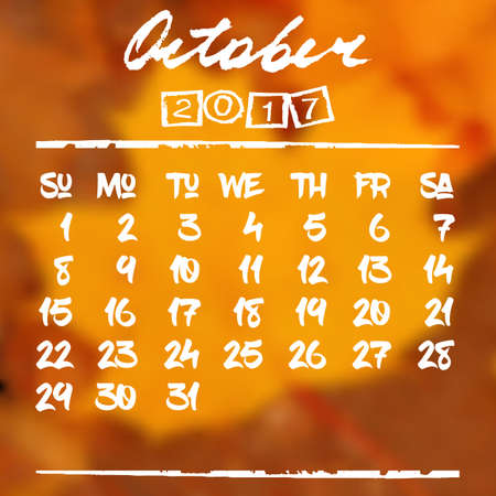 Calendar design grid in hand written style with white lettering and dates of autumn month October 2017 on natural blurred background. Blurry orange leaf of maple. Vector illustrationのイラスト素材