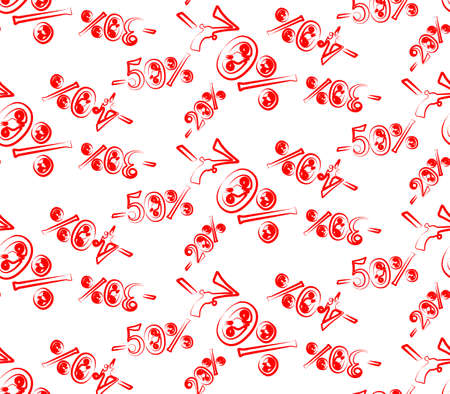 Seamless ornamental sale pattern with falling percents of discounts in red color on white background. Vector illustrationのイラスト素材