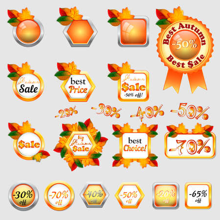 Set of autumn sale stickers with yellow and orange maple leaves in different shapes. Vector illustrationのイラスト素材