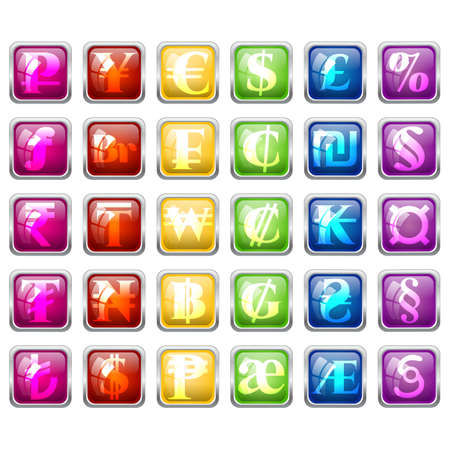 Set of currency symbols of world inside colorful square tile blocks with glass effect isolated on white. Vector illustrationのイラスト素材