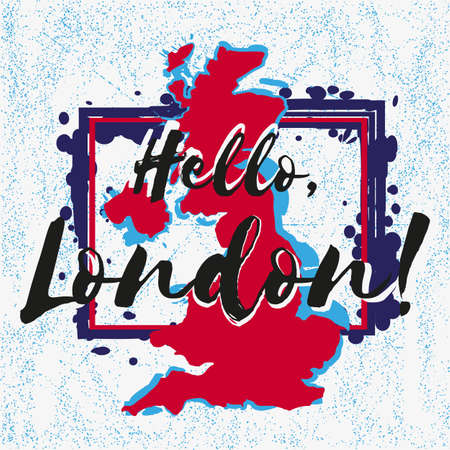 Print with lettering about London with blue red paint splashes in shape of country Great Britain on grey with scattering. Pattern for fabric textiles, clothing, shirts, banners. Vector illustrationのイラスト素材