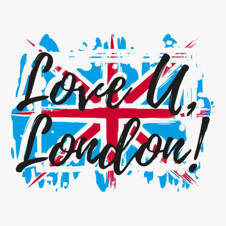 Print with lettering about London and paint splashes in shape of Britain flag in blue white red colors. Pattern for fabric textiles, clothing, shirts, banners. Vector illustrationのイラスト素材
