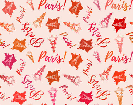 Seamless french pattern with Paris lettering and Eiffel tower handmade sketches in peach colors. Vector illustrationのイラスト素材