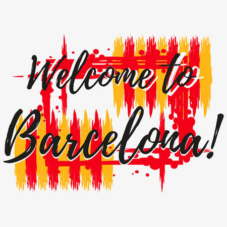 Print with lettering about Barcelona and paint splashes in shape of Barcelona flag in yellow red colors. Pattern for fabric textiles, clothing, shirts, banners. Vector illustrationのイラスト素材