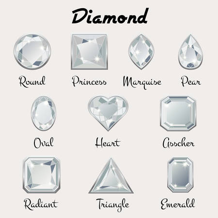 Set of different types of cuts of precious stone Diamond in realistic shapes in white color with silver edging. Vector illustrationのイラスト素材