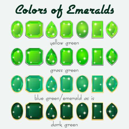 Set of crystals in natural tints of green color of precious stone Emerald in different cuts. Vector illustrationのイラスト素材