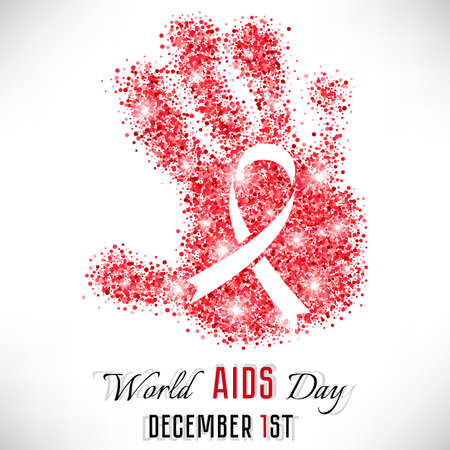 Shape of hand from red shiny glitter with ribbon inside on white background. World AIDS day in December 1. Vector illustrationのイラスト素材