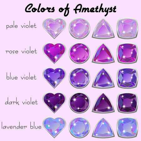 Set of crystals in natural tints of violet color of precious stone Amethyst in realistic different cuts with silver edging. Vector illustrationのイラスト素材