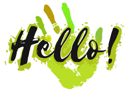 Salutatory card with black lettering Hello and splashes of paint in shape of print of hand in green colors isolated on white background. Vector illustrationのイラスト素材