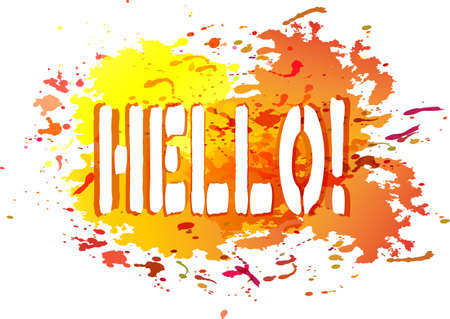 Salutatory card with lettering Hello and yellow splashes of paint isolated on white background. Vector illustrationのイラスト素材
