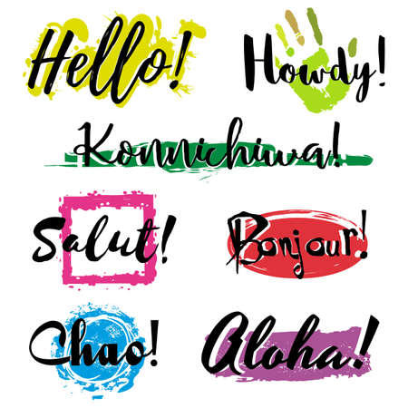 Set with lettering Hello in different languages such as English, Japanese, French, Italian and Spanish, with colorful splashes of paint isolated on white background. Vector illustrationのイラスト素材