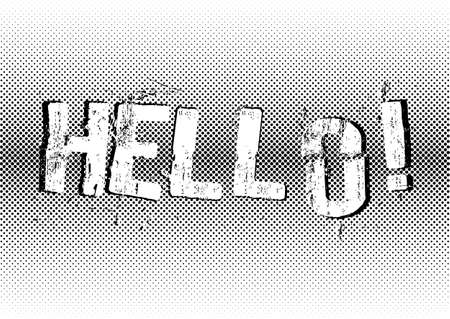 Salutatory card with lettering Hello in grunge style on black and white halftone background. Vector illustrationのイラスト素材