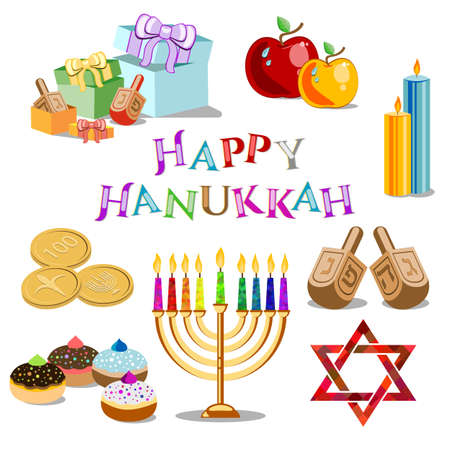Set of objects without gradients for Festival of Lights, Feast of Dedication Hanukkah isolated on white background. Vector illustrationのイラスト素材